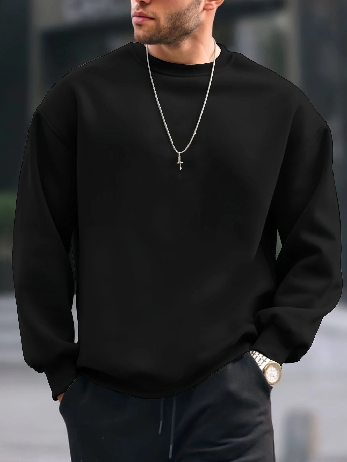 Men's autumn and winter casual fashion loose plus size Paris pattern printed fleece pullover long sleeved round neck sweatshirt